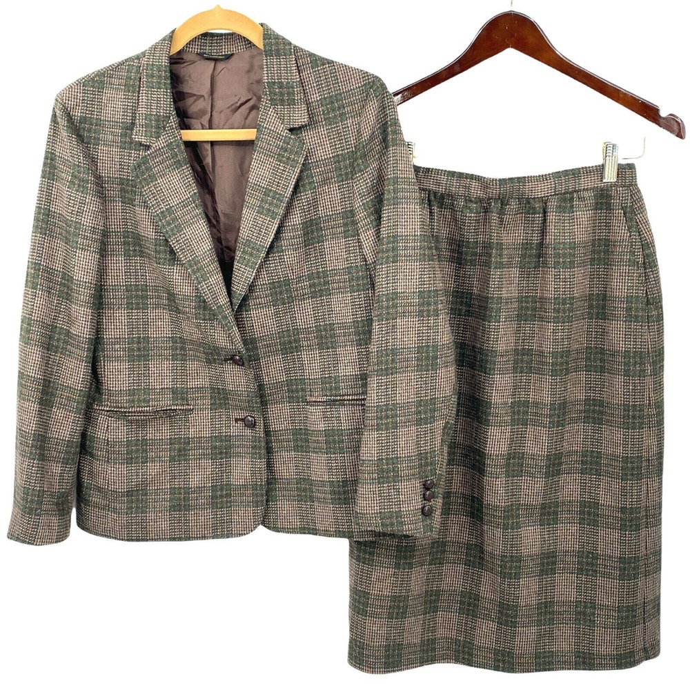VTG Oscar de la Renta Wool Skirt Suit 11/12 Brown Green Plaid Tweed NOS 2 Pc
